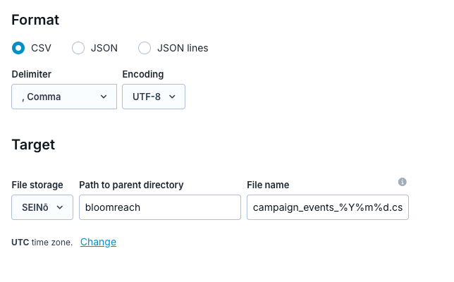Bloomreach export format and target settings