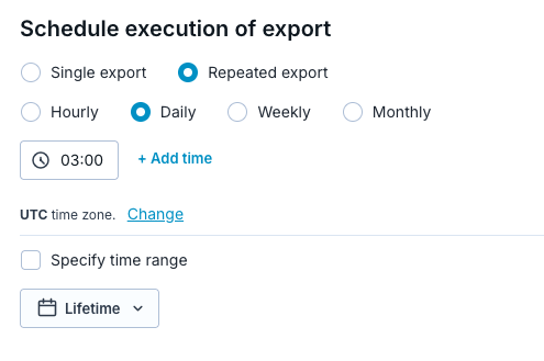 Bloomreach export schedule set to repeated daily export at 03:00 UTC